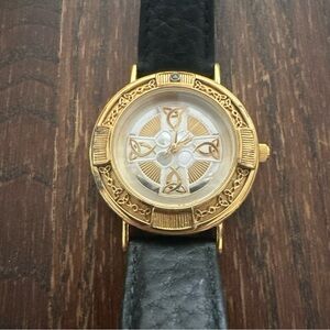 Franklin Mint Celtic Cross Sterling Silver Vermeil Emerald Accent Leather Watch